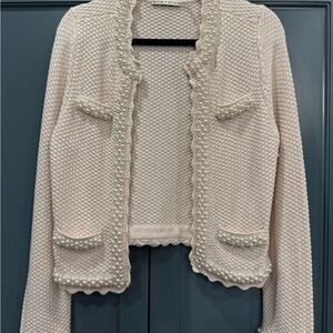 alice + olivia Cream Pearl-Trim Open Cardigan
